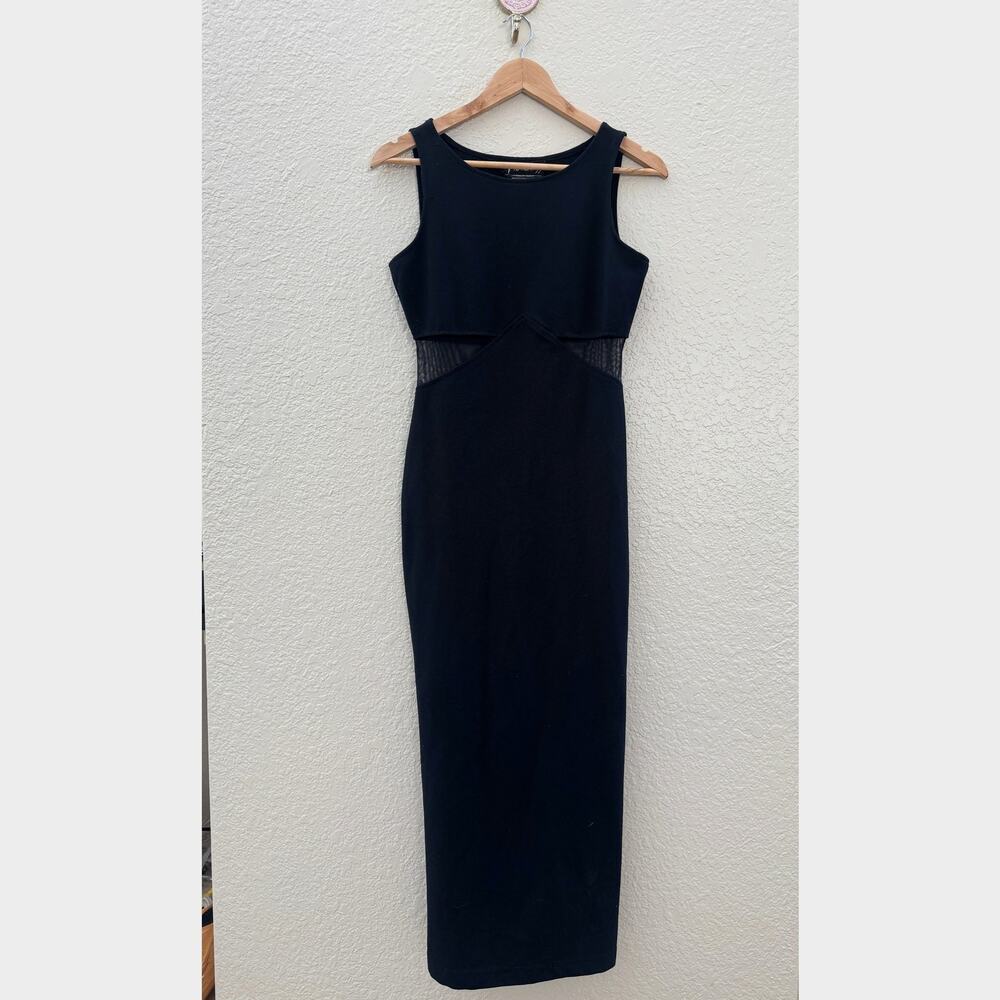 Vintage 1990's Black Jersey Knit Mesh Cutout Fitted Stretch Maxi Dress